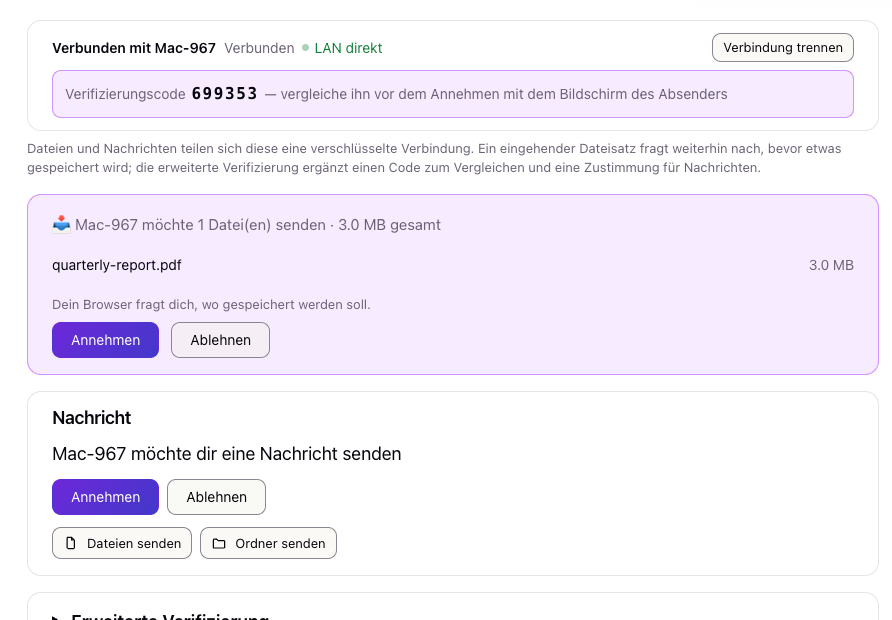 Auf dem anderen Bildschirm erscheinen die Anfrage und ein Code zum Vergleichen. Vor der Annahme wird nichts gespeichert.