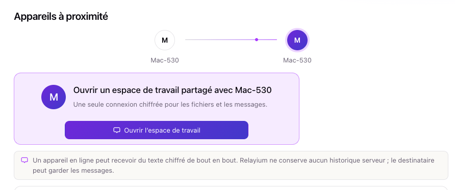 Deux appareils sur le même réseau apparaissent d'eux-mêmes, sans connexion ni code d'appairage.