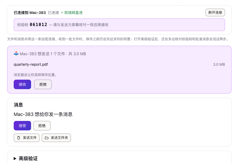 对方屏幕上出现接收请求和一段可比对的校验码,接受之前什么都不会保存。